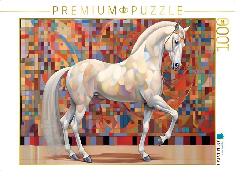 Produktbild: CALVENDO Puzzle Silberwei&szlig;e Eleganz - Edles wei&szlig;es Pferd vor Mosaik Hintergrund | 1000 Teile Lege-Gr&ouml;&szlig;e 64x48cm Foto-Puzzle f&uuml;r gl&uuml;ckliche Stunden