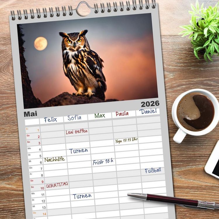 Produktbild: Familienplaner 2026 - Heimische Tiere im Mondlicht mit 5 Spalten (Wandkalender, 21 x 45 cm) CALVENDO