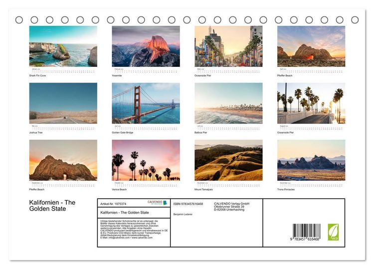 Produktbild: Kalifornien - The Golden State (Tischkalender 2026 DIN A5 quer), CALVENDO Monatskalender