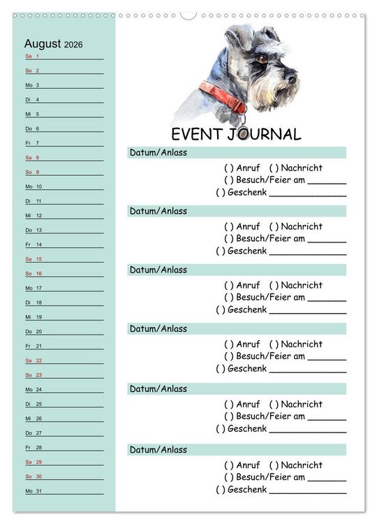 Produktbild: B-DAY PLANER - Aquarell Hunderassen - F&uuml;r Termine, Geschenke, Eventdetails & mehr (Wandkalender 2026 DIN A2 hoch), CALVENDO Monatskalender