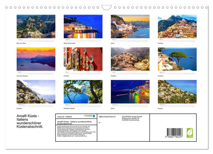 Produktbild: Amalfi K&uuml;ste - Italiens wundersch&ouml;ner K&uuml;stenabschnitt. (Wandkalender 2026 DIN A3 quer), CALVENDO Monatskalender
