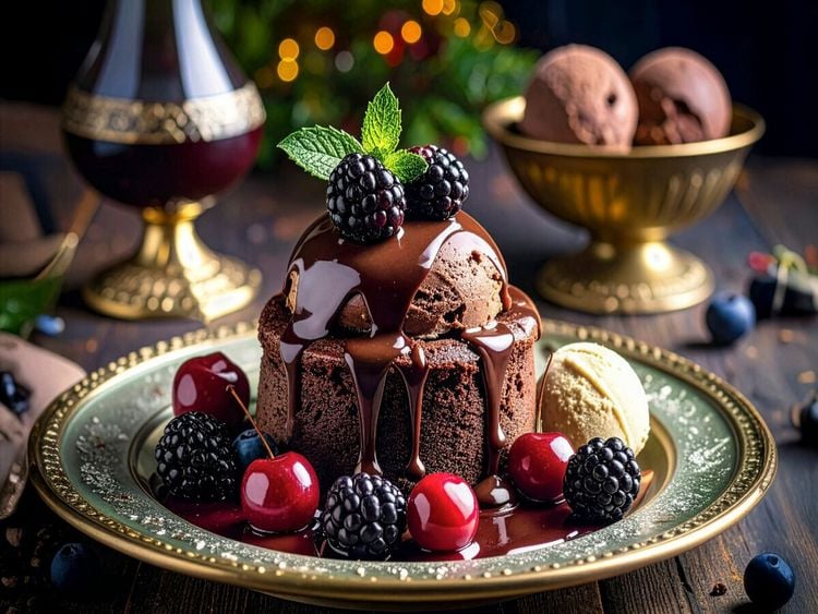 Produktbild: CALVENDO Puzzle Schokoladen Souffle mit fl&uuml;ssiger Schokolade und Fr&uuml;chten | 1000 Teile Lege-Gr&ouml;&szlig;e 64x48cm Foto-Puzzle f&uuml;r gl&uuml;ckliche Stunden