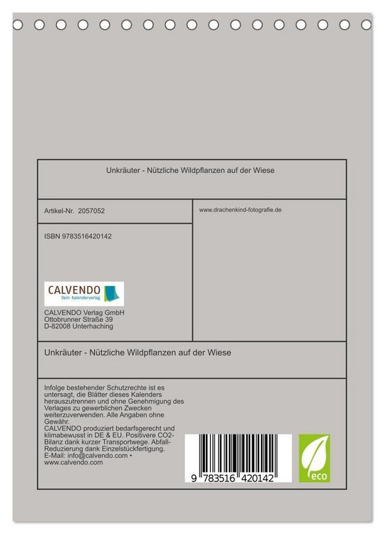 Produktbild: Unkr&auml;uter - N&uuml;tzliche Wildpflanzen auf der Wiese (Tischkalender 2026 DIN A5 hoch), CALVENDO Monatskalender