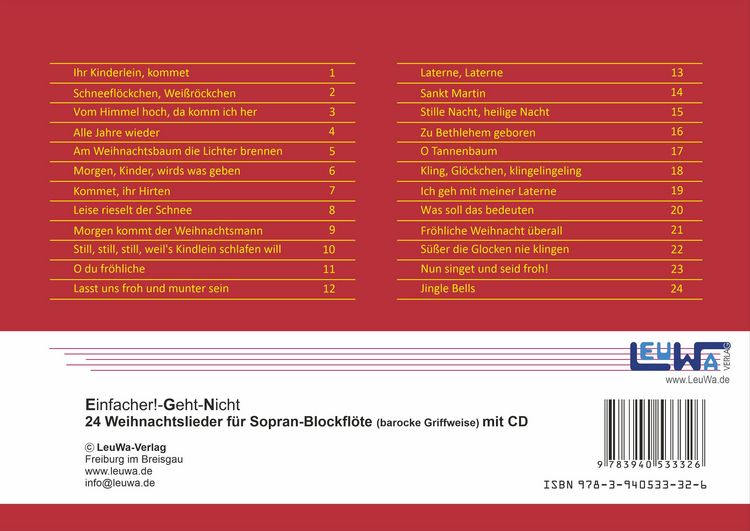 Produktbild: Einfacher!-Geht-Nicht: 24 Weihnachtslieder f&uuml;r Sopran-Blockfl&ouml;te (barocke Griffweise) mit CD