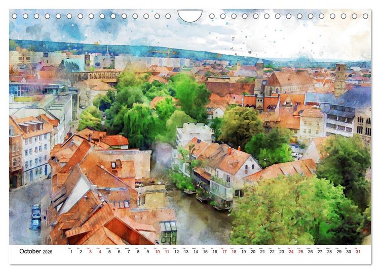 Produktbild: Erfurt - City views in watercolors (Wall Calendar 2026 DIN A4 landscape), CALVENDO 12 Month Wall Calendar