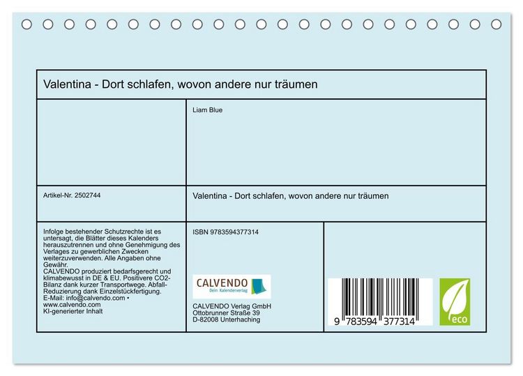 Produktbild: Valentina - Dort schlafen, wovon andere nur tr&auml;umen (Tischkalender 2027 DIN A5 quer), CALVENDO Monatskalender