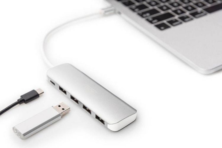 Produktbild: Digitus DA-70242-1 USB-Hub 4+1 Port USB-A USB 3.0 5 GBit/s mit Schnellladeport, mit USB-C&reg; Stecker, mit Aluminiumgeh&auml;use Silber DA-70242-1