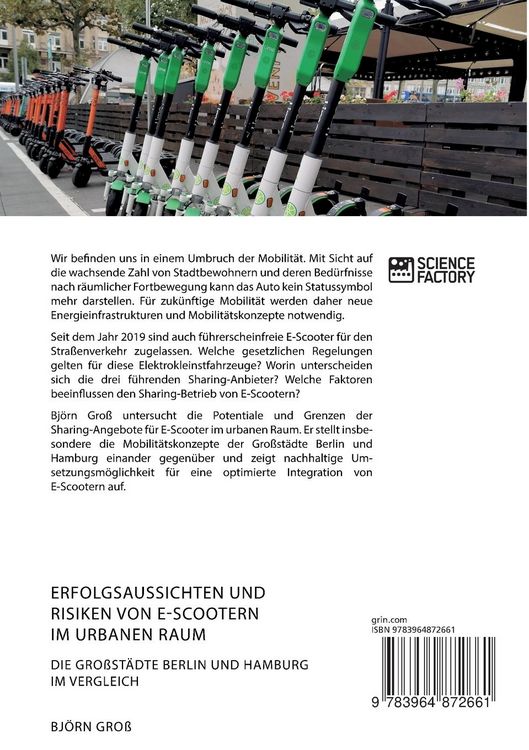 Produktbild: Erfolgsaussichten und Risiken von E-Scootern im urbanen Raum. Die Gro&szlig;st&auml;dte Berlin und Hamburg im Vergleich