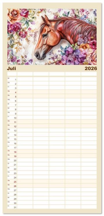 Produktbild: Familienplaner 2026 - Hufspuren im Bl&uuml;tenmeer mit 5 Spalten (Wandkalender, 21 x 45 cm) CALVENDO