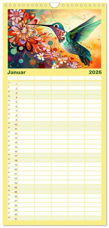 Produktbild: Familienplaner 2026 - Flieg und trag die Farben ins Licht mit 5 Spalten (Wandkalender, 21 x 45 cm) CALVENDO