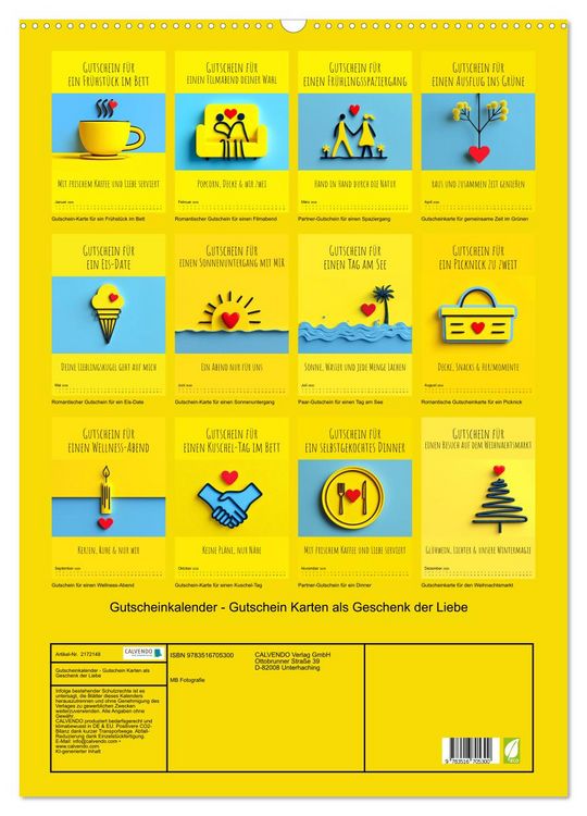 Produktbild: Gutscheinkalender - Gutschein Karten als Geschenk der Liebe (Wandkalender 2026 DIN A2 hoch), CALVENDO Monatskalender