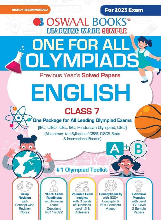 Produktbild: Oswaal One For All Olympiad Previous Years' Solved Papers, Class-7 English Book (For 2023 Exam)