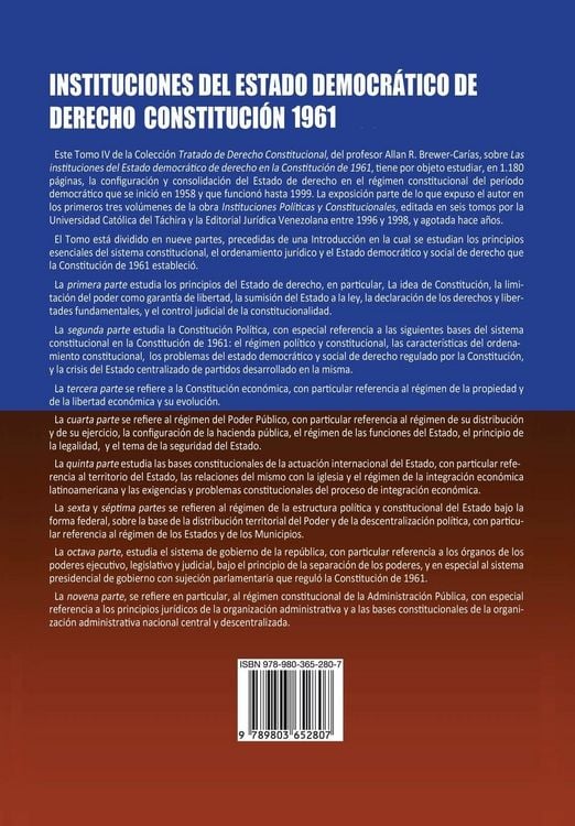 Produktbild: INSTITUCIONES DEL ESTADO DEMOCR&Aacute;TICO DE DERECHO. CONSTITUCI&Oacute;N 1961. Colecci&oacute;n Tratado de Derecho Constitucional, Tomo IV