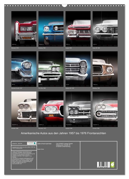 Produktbild: Amerikanische Autos aus den Jahren 1957 bis 1976 Frontansichten (Wandkalender 2026 DIN A2 hoch), CALVENDO Monatskalender