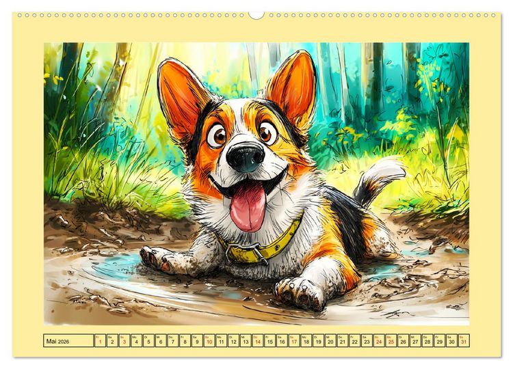 Produktbild: Lustige Corgis. Niedliche Cartoons von gl&uuml;cklichen Hunden (Wandkalender 2026 DIN A2 quer), CALVENDO Monatskalender