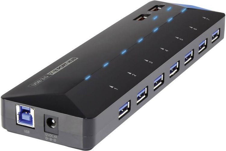 Produktbild: Renkforce RF-3806034 USB-Hub 7 Port USB-A USB 3.0 5 GBit/s mit Schnellladeport, mit Status-LEDs Schwarz