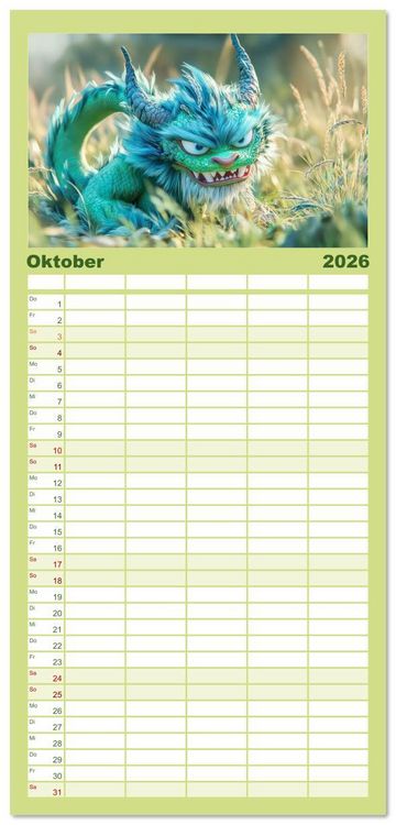 Produktbild: Familienplaner 2026 - Drachen - Verspielt und fluffig mit 5 Spalten (Wandkalender, 21 x 45 cm) CALVENDO