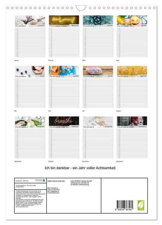 Produktbild: Ich bin dankbar - ein Jahr voller Achtsamkeit (Wandkalender 2026 DIN A3 hoch), CALVENDO Monatskalender