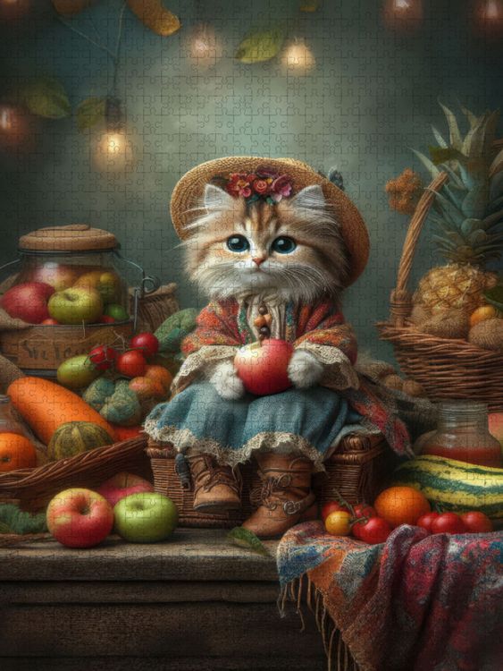 Produktbild: CALVENDO Puzzle Frisches Obst und Gem&uuml;se nach Landfrauenart bietet diese kleine Katze an | 1000 Teile Lege-Gr&ouml;&szlig;e 64x48cm Foto-Puzzle f&uuml;r gl&uuml;ckliche St