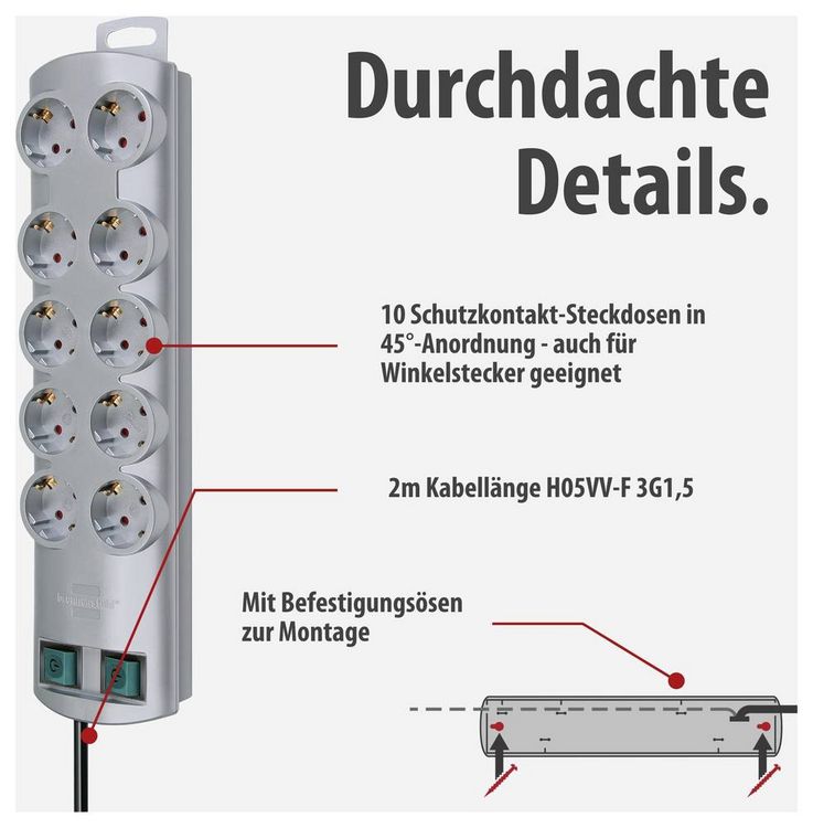 Produktbild: Brennenstuhl 1153390120 Steckdosenleiste mit Schalter 10fach Silber Schutzkontakt 1 St.