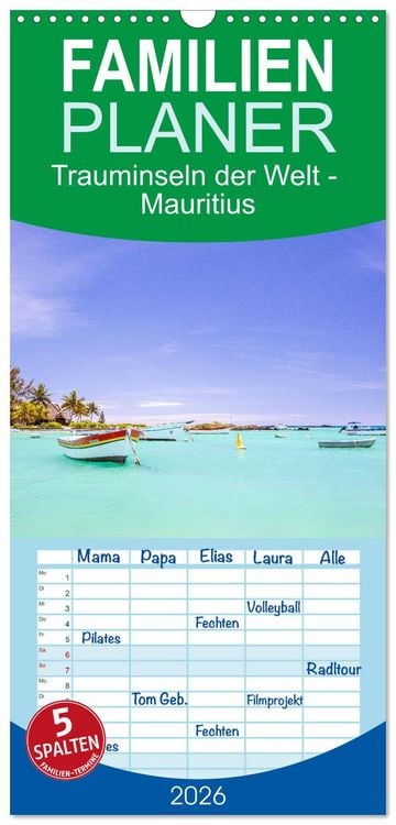 Produktbild: Familienplaner 2026 - Trauminseln der Welt - Mauritius mit 5 Spalten (Wandkalender, 21 x 45 cm) CALVENDO