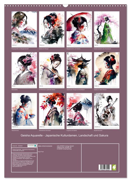 Produktbild: Geisha Aquarelle - Japanische Kulturdamen, Landschaft und Sakura (Wandkalender 2026 DIN A2 hoch), CALVENDO Monatskalender