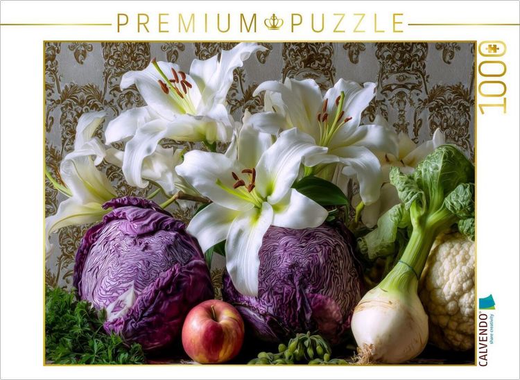 Produktbild: CALVENDO Puzzle Stillleben in Wei&szlig; und Lila mit Lilien und Rotkohl | 1000 Teile Lege-Gr&ouml;&szlig;e 64x48cm Foto-Puzzle f&uuml;r gl&uuml;ckliche Stunden
