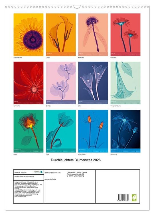 Produktbild: Durchleuchtete Blumenwelt 2026 (Wandkalender 2026 DIN A2 hoch), CALVENDO Monatskalender
