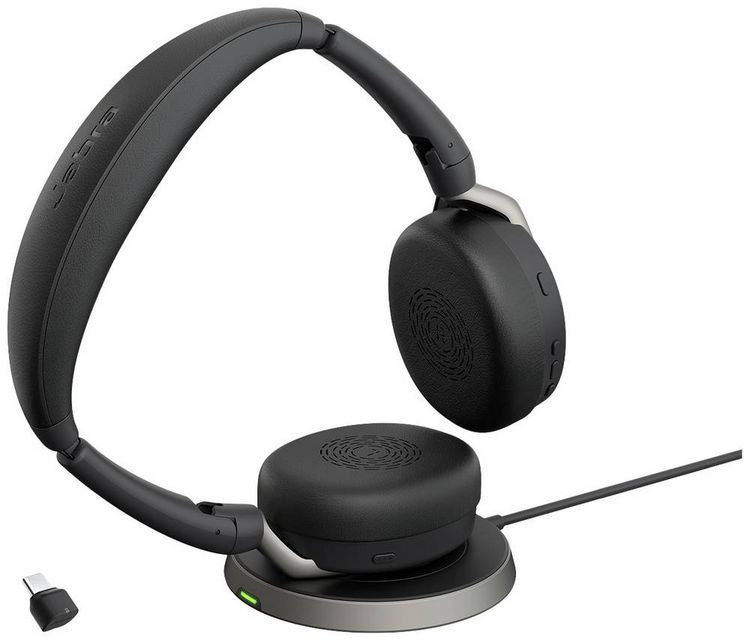 Produktbild: Jabra Evolve2 65 Flex Link380c MS + Ladepad On Ear Headset Bluetooth&reg; Stereo Schwarz Noise Cancelling Headset, Mikrofon-Stummschaltung, Lautst&auml;rker