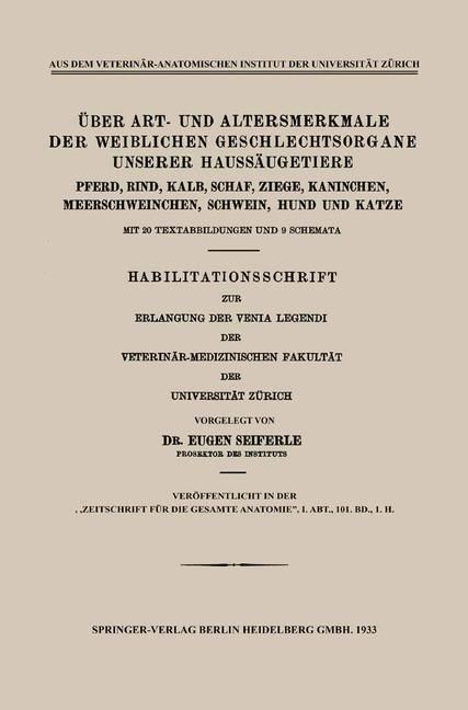 Produktbild: &Uuml;ber Art- und Altersmerkmale der Weiblichen Geschlechtsorgane Unserer Hauss&auml;ugetiere