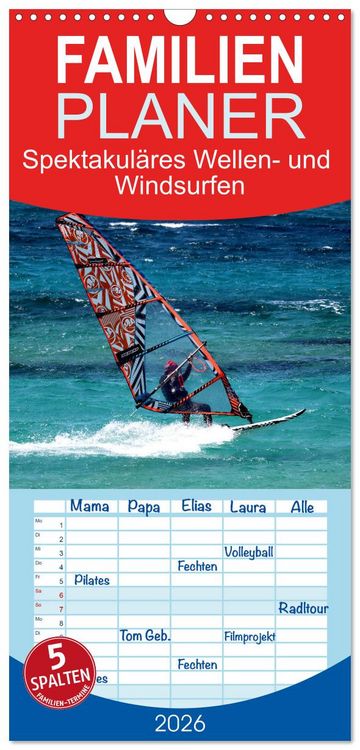 Produktbild: Familienplaner 2026 - Spektakul&auml;res Wellen- und Windsurfen mit 5 Spalten (Wandkalender, 21 x 45 cm) CALVENDO