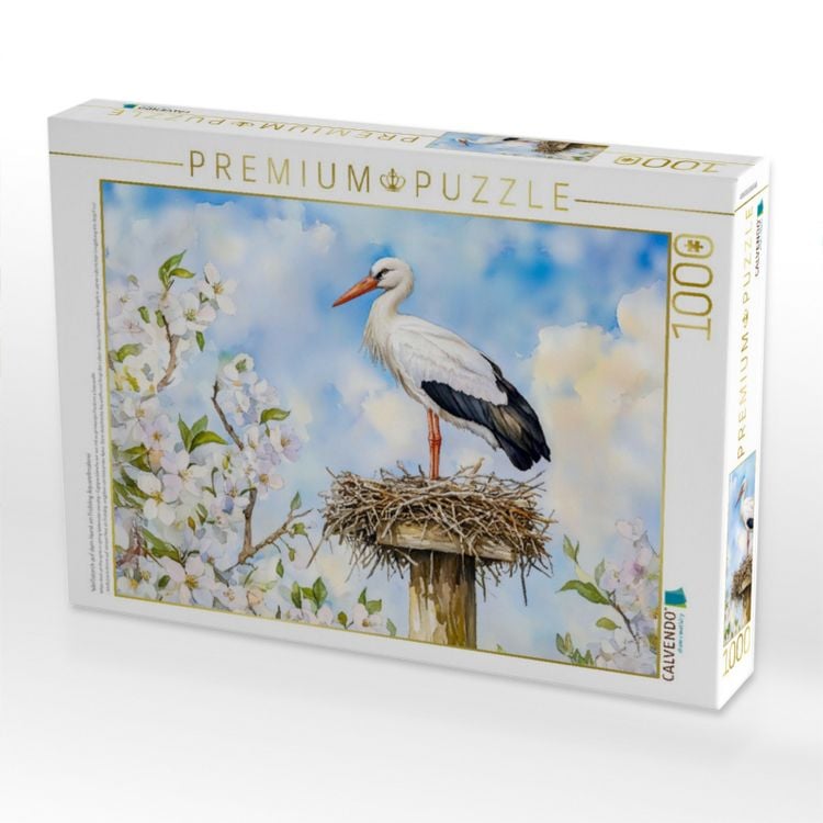Produktbild: CALVENDO Puzzle Wei&szlig;storch auf dem Horst im Fr&uuml;hling Aquarellmalerei | 1000 Teile Lege-Gr&ouml;&szlig;e 64x48cm Foto-Puzzle f&uuml;r gl&uuml;ckliche Stunden