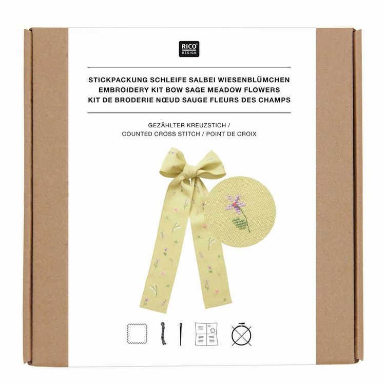 Produktbild: Stickpackung, Gez&auml;hlter Kreuzstich Schleife Wiesenbl&uuml;mchen, Salbei, 30 x 54 cm, 100% Leinen