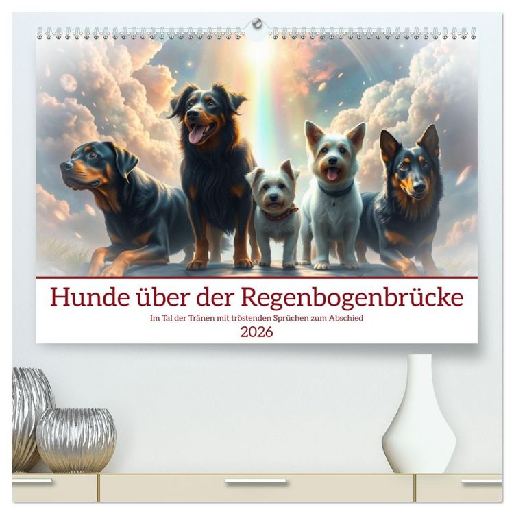 Produktbild: Hunde &uuml;ber der Regenbogenbr&uuml;cke (hochwertiger Premium Wandkalender 2026 DIN A2 quer), Kunstdruck in Hochglanz