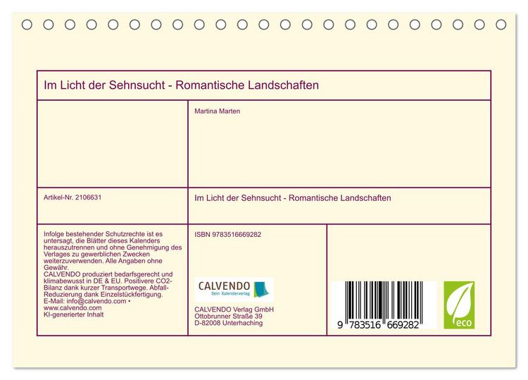 Produktbild: Im Licht der Sehnsucht - Romantische Landschaften (Tischkalender 2026 DIN A5 quer), CALVENDO Monatskalender