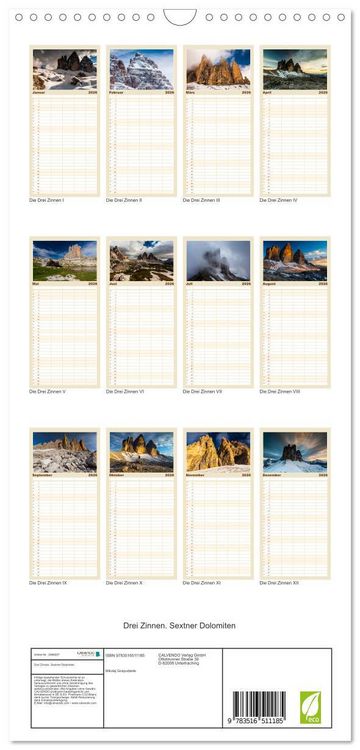 Produktbild: Familienplaner 2026 - Drei Zinnen. Sextner Dolomiten mit 5 Spalten (Wandkalender, 21 x 45 cm) CALVENDO