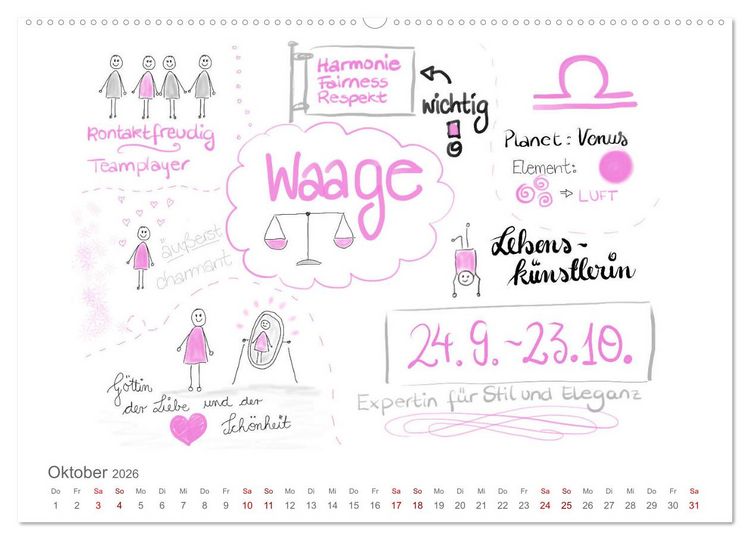 Produktbild: Sternzeichen-Kalender (hochwertiger Premium Wandkalender 2026 DIN A2 quer), Kunstdruck in Hochglanz