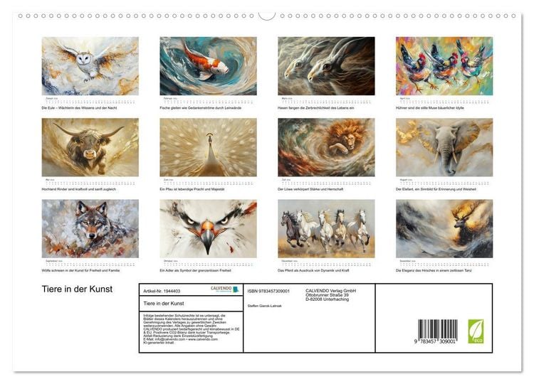 Produktbild: Tiere in der Kunst (hochwertiger Premium Wandkalender 2026 DIN A2 quer), Kunstdruck in Hochglanz