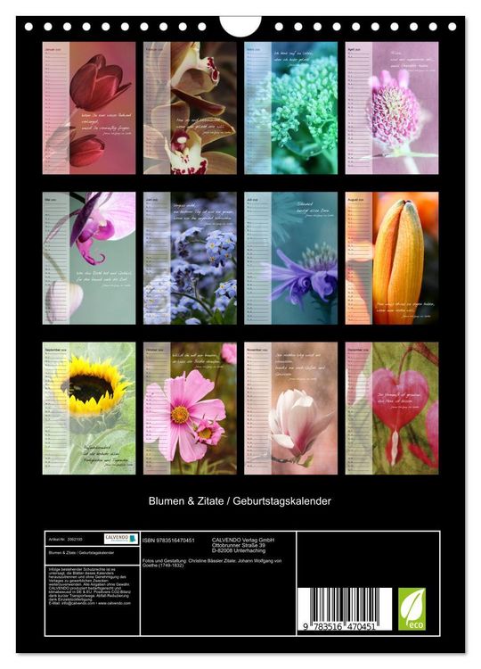 Produktbild: Blumen & Zitate / Geburtstagskalender (Wandkalender 2026 DIN A4 hoch), CALVENDO Monatskalender