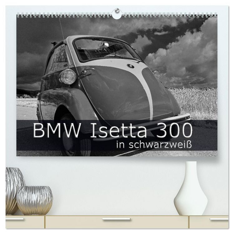 Produktbild: BMW Isetta 300 in schwarzwei&szlig; (hochwertiger Premium Wandkalender 2026 DIN A2 quer), Kunstdruck in Hochglanz