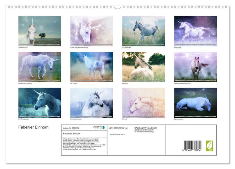 Produktbild: Fabeltier Einhorn (hochwertiger Premium Wandkalender 2026 DIN A2 quer), Kunstdruck in Hochglanz