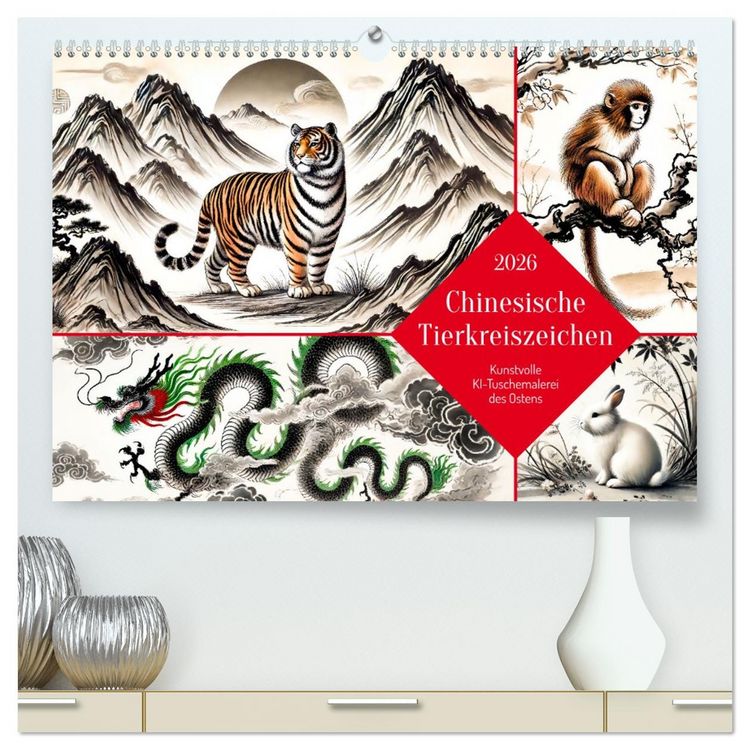 Produktbild: Chinesische Tierkreiszeichen - Kunstvolle KI-Tuschemalerei des Ostens (hochwertiger Premium Wandkalender 2026 DIN A2 quer), Kunstdruck in Hochglanz