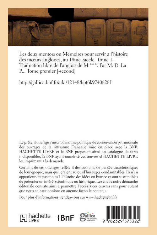 Produktbild: Les deux mentors ou M&eacute;moires pour servir a l'histoire des moeurs angloises au 18e siecle. Tome 1