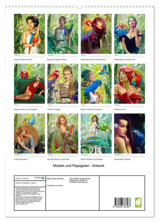 Produktbild: Models und Papageien - Artwork (hochwertiger Premium Wandkalender 2026 DIN A2 hoch), Kunstdruck in Hochglanz
