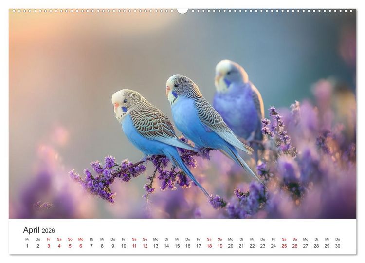Produktbild: Zwitscherzeit - Ein Kalender voller Wellensittiche (hochwertiger Premium Wandkalender 2026 DIN A2 quer), Kunstdruck in Hochglanz