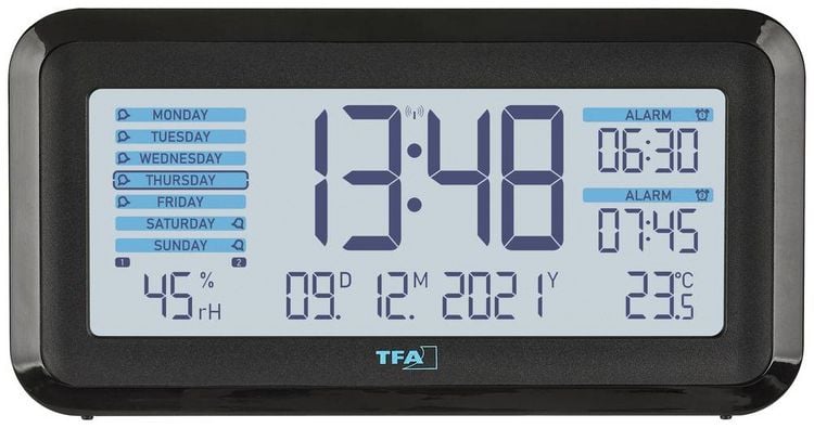 Produktbild: TFA Dostmann 60.2562.01.GB Funk Wecker Schwarz, Hellblau Alarmzeiten 2 Gro&szlig;es Display