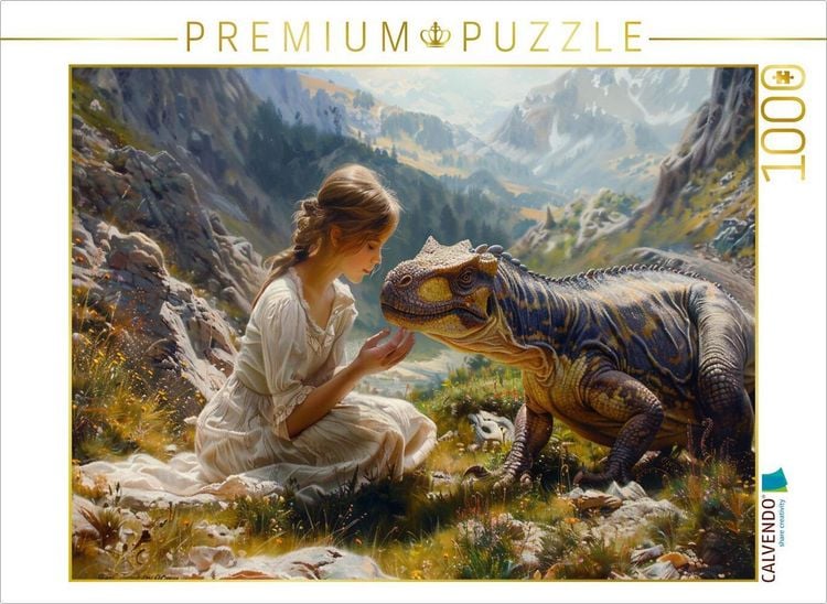 Produktbild: CALVENDO Puzzle Streicheleinheiten - junge Frau und Dinosaurier | 1000 Teile Lege-Gr&ouml;&szlig;e 64x48cm Foto-Puzzle f&uuml;r gl&uuml;ckliche Stunden