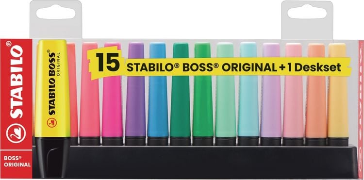 Produktbild: STABILO Textmarker -   BOSS ORIGINAL - 15er Tischset - 9 Leuchtfarben, 6 Pastellfarben
