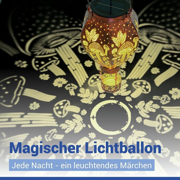 Produktbild: LED Solar-Hei&szlig;luftballon in Bronze-Optik, mit Pilzmuster-Lichtprojektion