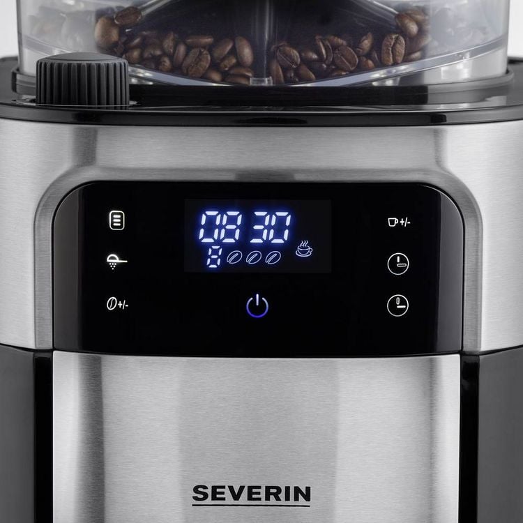 Produktbild: Severin Filterkaffeemaschine mit Mahlwerk und Edelstahl-Thermokanne, Kaffeemaschine Schwarz, Edelstahl (geb&uuml;rstet) Fassungsverm&ouml;gen Tassen=8 Displa